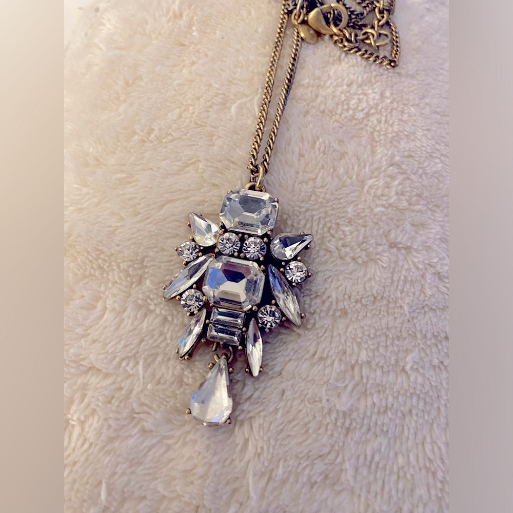 J. Crew Long Necklace Gold-Tone Clear Crystal Stone Pendant Tear Drop Statement
